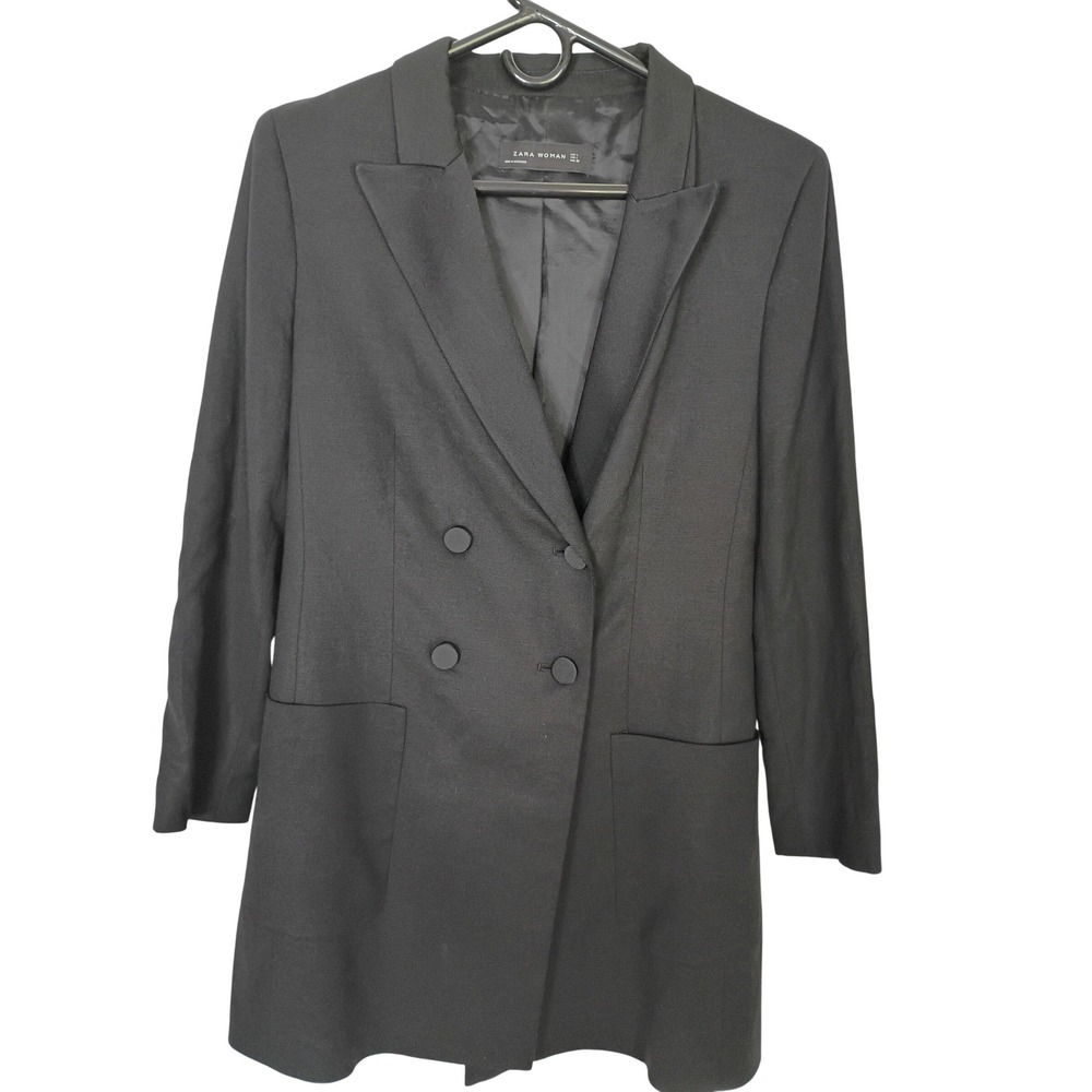 Zara Woman Black Double Breasted Blazer Dress Longline Jacket Large L Moroccan